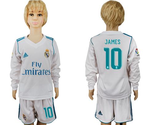 Real Madrid #10 James Home Long Sleeves Kid Soccer Club Jersey